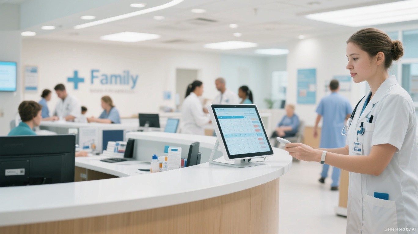 Family medical practice reception visual for AI receptionist use case